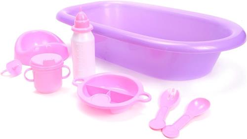 Poppenbadje rose met 8 accessoires.