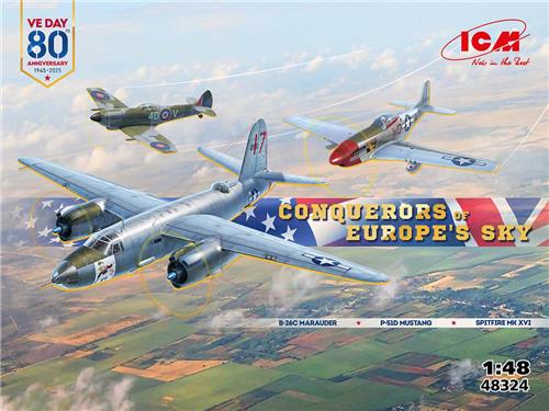 1:48 ICM 48324 Conquerors of Europe's Sky - B-26C Marauder - P-51D Mustang - Spitfire MK XVI - 3-Kits! Plastic Modelbouwpakket