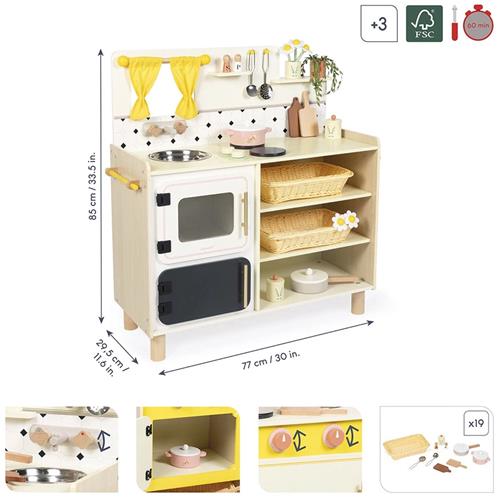Janod Shiny Grandma - Grote Houten Keuken - Grote Uitgeruste Keuken, Met 16 Accessoires - Perfect Voor Kleine Chef-Koks - Tijdloos Design, Geïnspireerd Op Oma's Keuken - Geschikt Vanaf 3 Jaar