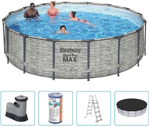 Bestway - Steel Pro MAX - Steenprint - Opzetzwembad - Ø 488 x 122 cm - Inclusief Filterpomp & Accessoires