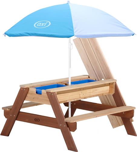 AXI Nick Zand & Water Picknicktafel in Bruin - Met in hoogte verstelbare Parasol in Blauw/Wit - Multifunctionele Picknick tafel van FSC hout - Picknick tafel voor kinderen van hout