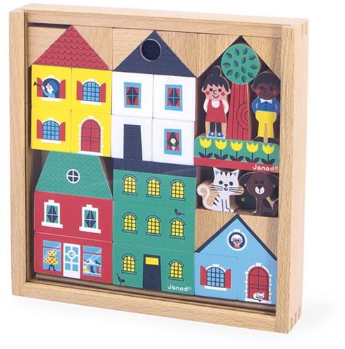 Janod Cross Roads - Set Van 36 Houten Blokken De Stad - Bevat 25 Blokjes, 5 Decoratieve Elementen En 6 Figuurtjes - Kinderen Maken Hun Eerste Bouwwerken Met Deze Set - Mooie Geschenkverpakking - Geschikt Vanaf 2 Jaar