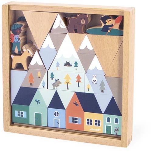 Janod Cross Roads - Set Van 35 Houten Blokken De Bergvallei - Bevat 27 Blokjes En 8 Figuurtjes - Kinderen Maken Hun Eerste Bouwwerken Met Deze Set - Mooie Geschenkverpakking - Geschikt Vanaf 2 Jaar
