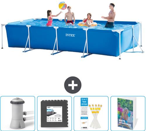 Intex Rechthoekig Frame Zwembad - 450 x 220 x 84 cm - Blauw - Inclusief Pomp Vloertegels - Testrips - Zwembadgids