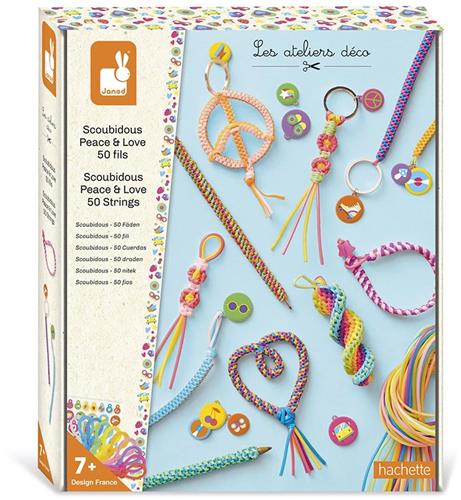 Janod Les Ateliers Déco - Peace & Love Scoubidous - Maak Meer Dan Tien Scoubidou-Creaties Met Dit Complete Knutselpakket - Geschikt Vanaf 7 Jaar