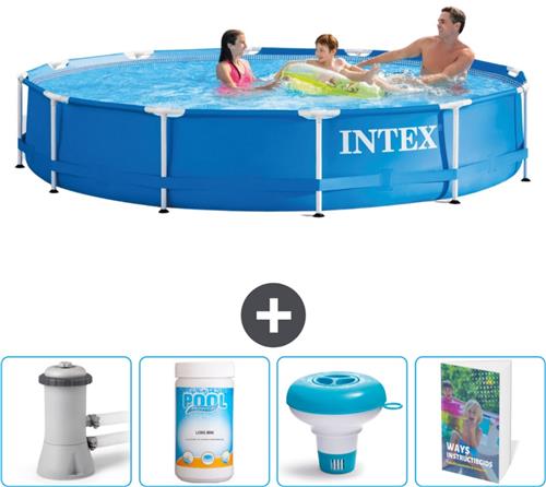 Intex Rond Frame Zwembad - 366 x 76 cm - Blauw - Inclusief Pomp Chloor - Chloordrijver - Zwembadgids