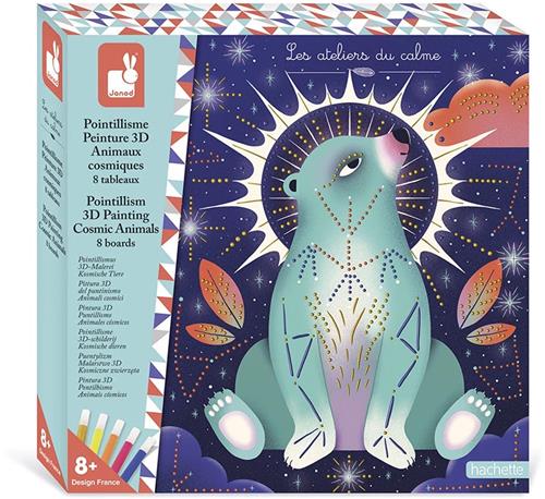 Janod Les Ateliers Du Calme - Pointillisme 3D Schilderen Kosmische Dieren - Complete Knutselset, Bevat Alles Wat Nodig Is Om 8 Schilderijen Te Versieren - Perfect Om Je Creativiteit Te Ontwikkelen - Geschikt Vanaf 8 Jaar