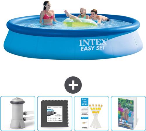 Intex Rond Opblaasbaar Easy Set Zwembad - 396 x 84 cm - Blauw - Inclusief Pomp Vloertegels - Testrips - Zwembadgids