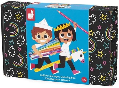 Janod Colo - Kleurset - Bevat 42 Elementen Om Al Je Creativiteit Mee Kwijt Te Kunnen - 12 Ansichtkaarten En 30 Stuks Kleurgerei - In Leuke Herbruikbare Opbergdoos - Complete Set Voor Kleine Kunstenaars - Geschikt Vanaf 3 Jaar