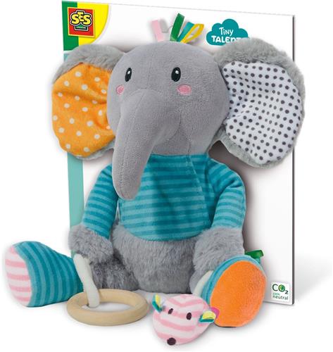 SES - Tiny Talents - Olfi sensory olifant - Knuffelolifant - met spiegel, knispervoet, bijtring en piepmuis
