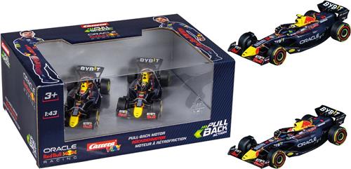 1:43 Carrera Red Bull Racing Formule 1 - Max Verstappen No.1 & Sergio Perez No.11 - Red Bull Oracle - Pull-Back Auto - Double Action Set Terugtrekauto