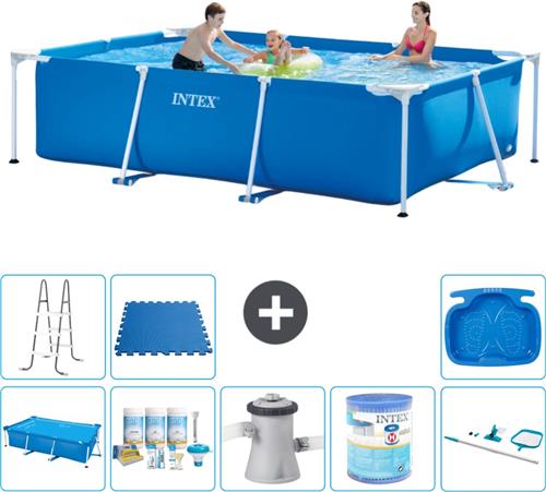 Intex Rechthoekig Frame Zwembad - 300 x 200 x 75 cm - Blauw - Inclusief Solarzeil - Onderhoudspakket - Zwembadfilterpomp - Filter - Schoonmaakset - Ladder - Voetenbad - Vloertegels