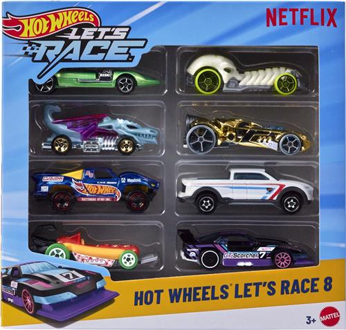 Hot Wheels Let's Race 8-pack, set van 8 speelgoedauto's op schaal 1:64 uit de Netflix serie (stijlen kunnen variëren)
