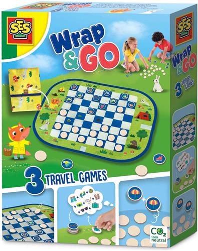 SES - Wrap&Go reisspellen - Dammen - Memo - Ik ga op reis en ik neem mee - 3 in 1 - travel size - speelbord is de bewaartas - houten onderdelen