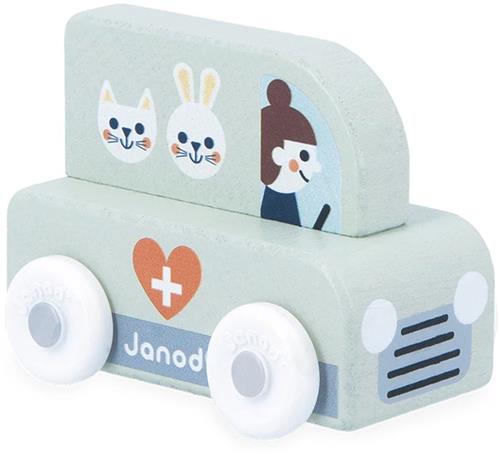 Janod Cross Roads - Houten Dierenambulance - Kleine, Makkelijk Te Hanteren Dierenambulance - Stimuleert De Fijne Motoriek En Fantasie - Geschikt Vanaf 1 Jaar