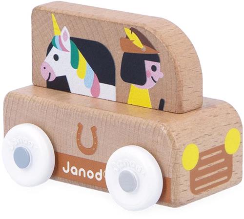 Janod Cross Roads - Houten Unicorn Bus - Klein, Makkelijk Te Hanteren Eenhoornbusje - Stimuleert De Fijne Motoriek En Fantasie - Geschikt Vanaf 1 Jaar