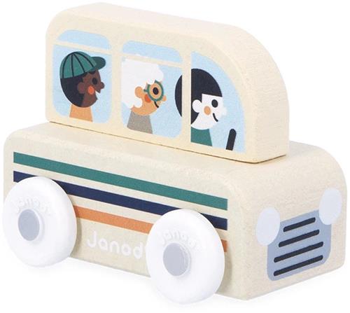 Janod Cross Roads - Houten Personenbus - Kleine, Makkelijk Te Hanteren Bus - Stimuleert De Fijne Motoriek En Fantasie - Geschikt Vanaf 1 Jaar