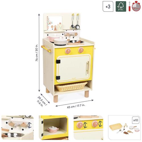 Janod Shiny Grandma - Houten Keuken - Stijlvol En Uitgerust Fornuis, Inclusief 11 Accessoires - Perfect Voor Kleine Koks - Een Ontwerp Geïnspireerd Op Oma's Keuken - Geschikt Vanaf 3 Jaar