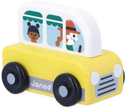 Janod Cross Roads - Houten Busje - Klein, Makkelijk Te Hanteren Geel Busje - Stimuleert De Fijne Motoriek En Fantasie - Geschikt Vanaf 1 Jaar