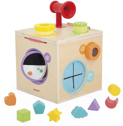 Janod - Sensorisch Spel - Sensory Box - Een kubus om 4 van de 5 zintuigen van de allerkleinsten te stimuleren - 12 accessoires inbegrepen - Geschikt Vanaf 18 Maanden