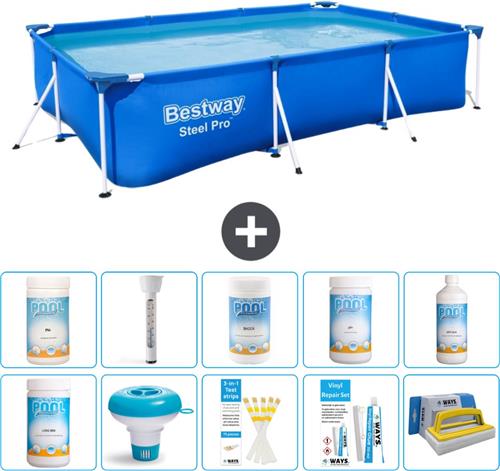 Bestway Rechthoekig Steel Pro Zwembad - 300 x 201 x 66 cm - Blauw - Inclusief Chloor - Chloordrijver - Testrips - Reparatiesetje - Scrubborstel - PH-min - PH-plus - Thermometer - Algen - Chloor