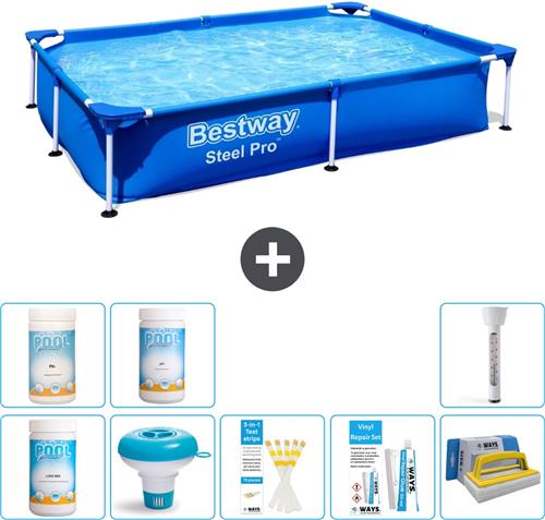Bestway Rechthoekig Steel Pro Zwembad - 221 x 150 x 43 cm - Blauw - Inclusief Chloor - Chloordrijver - Testrips - Reparatiesetje - Scrubborstel - PH-min - PH-plus - Thermometer