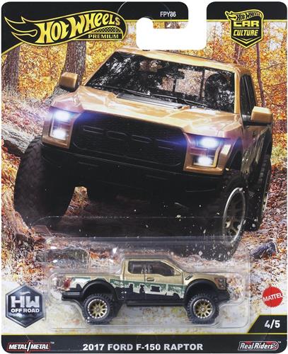 Hot Wheels Premium Autocultuur 'Off Road' '17 Ford F150 Raptor, schaal 1:64, speelgoedauto voor verzamelaars