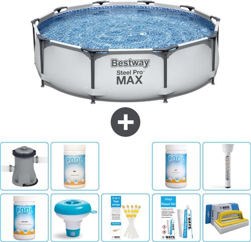 Bestway Rond Steel Pro MAX Zwembad - 305 x 76 cm - Grijs - Inclusief Pomp Chloor - Chloordrijver - Testrips - Reparatiesetje - Scrubborstel - PH-min - PH-plus - Thermometer