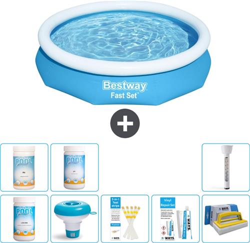 Bestway Rond Opblaasbaar Fast Set Zwembad - 305 x 66 cm - Blauw - Inclusief Chloor - Chloordrijver - Testrips - Reparatiesetje - Scrubborstel - PH-min - PH-plus - Thermometer