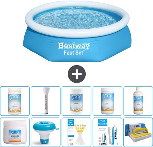 Bestway Rond Opblaasbaar Fast Set Zwembad - 244 x 61 cm - Blauw - Inclusief Chloor - Chloordrijver - Testrips - Reparatiesetje - Scrubborstel - PH-min - PH-plus - Thermometer - Algen - Chloor
