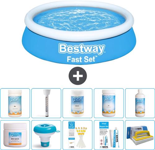 Bestway Rond Opblaasbaar Fast Set Zwembad - 183 x 51 cm - Blauw - Inclusief Chloor - Chloordrijver - Testrips - Reparatiesetje - Scrubborstel - PH-min - PH-plus - Thermometer - Algen - Chloor
