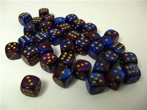 Chessex Gemini Blue-Purple/gold D6 12mm Dobbelsteen Set (36 stuks)