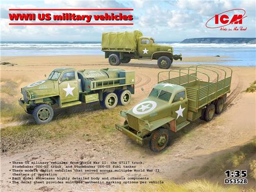 1:35 ICM DS3528 Amerikaanse Militaire Vrachtwagens WWII - 3 Stuks - G7117 + Studebaker US6-U3 + US6-U5 Plastic Modelbouwpakket