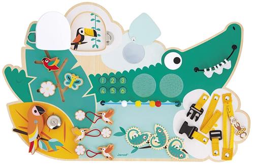 Janod Tropik - Krokodillen Busy-Board - Met Meer Dan 14 Leuke Educatieve Spelletjes - Krokodillen Busy-Board Om Neer Te Zetten Of Aan De Muur Te Bevestigen - Geschikt Voor Kinderen Vanaf 18 Maanden