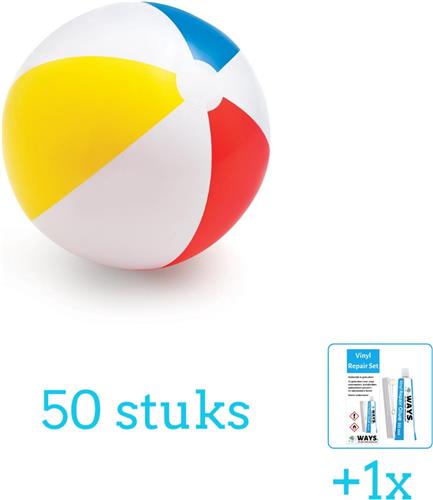 Intex Opblaasbare Strandbal Glossy - Medium - 51 cm - 59020NP - Diameter 51 cm - 50 stuks - Voordeelverpakking - Inclusief WAYS Reparatiesetje (1 stuks)