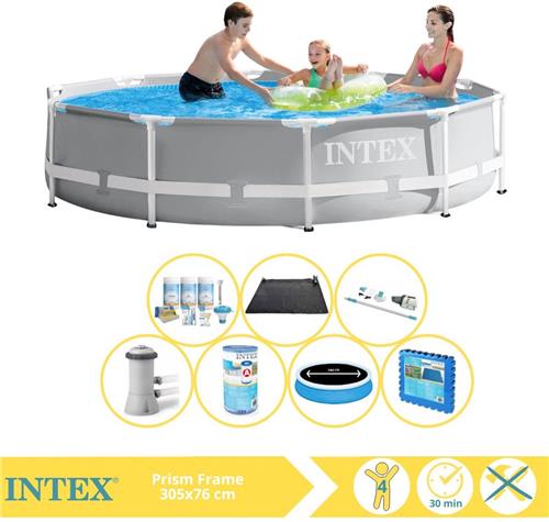 Intex Prism Frame Zwembad - Opzetzwembad - 305x76 cm - Inclusief Solarzeil Pro, Onderhoudspakket, Filter, Stofzuiger, Solar Mat en Zwembadtegels