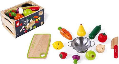 Janod Green Market - Groenten en Fruit Maxi Set - De Onderdelen Zijn Aan Elkaar Bevestigd Met Klittenband - Inclusief Metalen Vergiet, Mes En Houten Snijplank - Geschikt Vanaf 3 Jaar