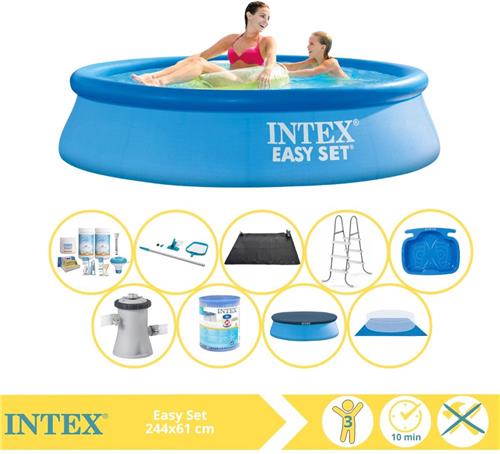 Intex Easy Set Zwembad - Opblaaszwembad - 244x61 cm - Inclusief Afdekzeil, Onderhoudspakket, Filter, Grondzeil, Onderhoudsset en Solar Mat