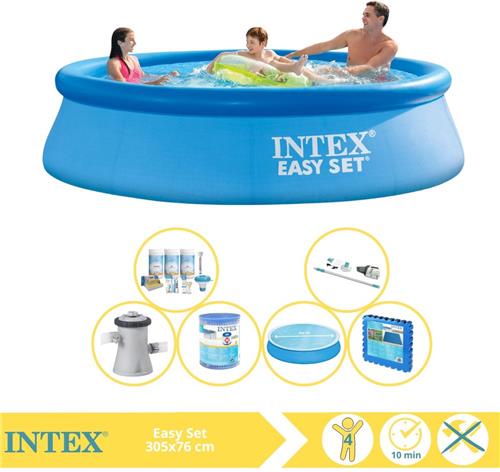 Intex Easy Set Zwembad - Opblaaszwembad - 305x76 cm - Inclusief Solarzeil, Onderhoudspakket, Zwembadpomp, Filter, Stofzuiger en Zwembadtegels