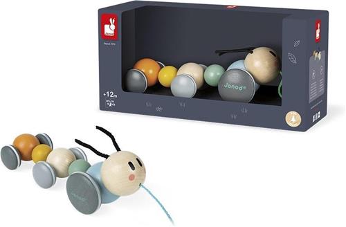 Janod Sweet Cocoon - Houten Trekfiguur Rups - Met Geruisloze Wielen - Geschikt Vanaf 1 Jaar