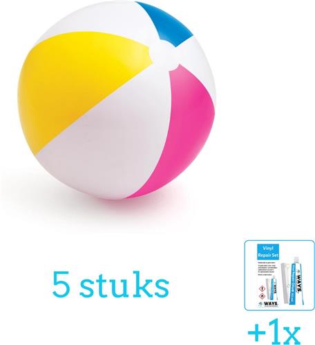 Intex Opblaasbare Strandbal Glossy - Medium - 61 cm - 59030NP - Diameter 61 cm - 5 stuks - Voordeelverpakking - Inclusief WAYS Reparatiesetje (1 stuks)