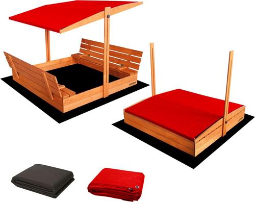 AFSLUITBARE zandbak XL met dak en banken incl. dekzeil + gronddoek - 140x140cm - GEIMPREGNEERD hout - Incl. Montage-video - Rood