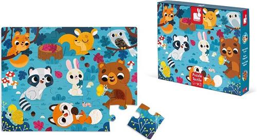 Janod Voelpuzzel - Bosdieren - Reuze 20-Delige Puzzel Van Stevig Karton, Met 7 Stukjes Met Texturen - Inclusief Poster - Geschikt Vanaf 2 Jaar