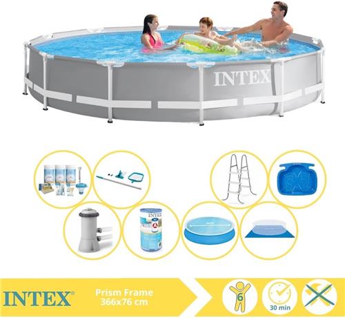 Intex Prism Frame Zwembad - Opzetzwembad - 366x76 cm - Inclusief Solarzeil, Onderhoudspakket, Zwembadpomp, Filter, Grondzeil, Onderhoudsset, Trap en Voetenbad