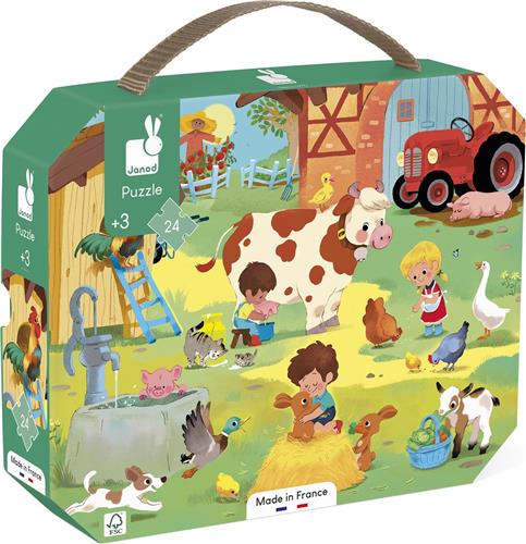 Janod - Puzzel Op De Boerderij - In Puzzelkoffer - 24 Stukjes - Geschikt Vanaf 3 Jaar