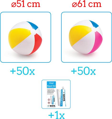 Intex Opblaasbare Strandballen - Strandbal Voordeelverpakking - 2 x 50 stuks - Strandbal Jumbo - Diameter 51 en 61 cm - Ideal voor Festivals - Inclusief handig Reparatiesetje