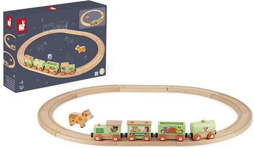 Janod Story  Boerderij Trein Met Rails (15-Delig) - De Houten Trein Kan Gevormd Worden Dankzij Een Systeem Van Magneten Op Elk Van De 3 Wagons En Locomotief - Geschikt Vanaf 3 Jaar