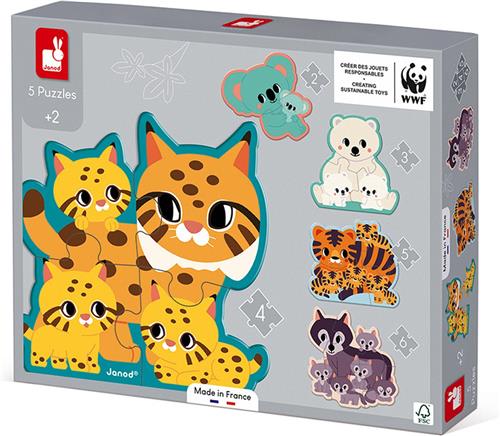 Janod WWF - Set Met 5 Dierenpuzzels - Het Aantal Stukjes Van De Puzzel Komt Overeen Met Het Aantal Dieren Op De Afbeelding - Geschikt Vanaf 2 Jaar