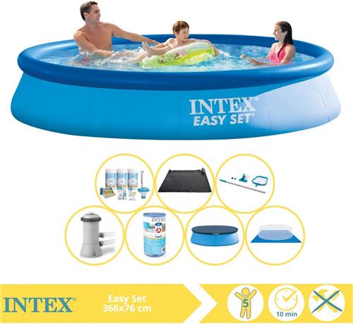 Intex Easy Set Zwembad - Opblaaszwembad - 366x76 cm - Inclusief Afdekzeil, Onderhoudspakket, Zwembadpomp, Filter, Grondzeil, Onderhoudsset en Solar Mat