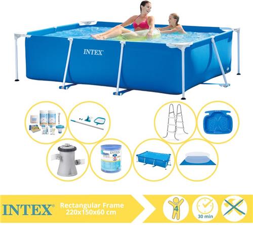 Intex Rectangular Frame Zwembad - Opzetzwembad - 220x150x60 cm - Inclusief Solarzeil, Onderhoudspakket, Zwembadpomp, Filter, Grondzeil, Onderhoudsset, Trap en Voetenbad